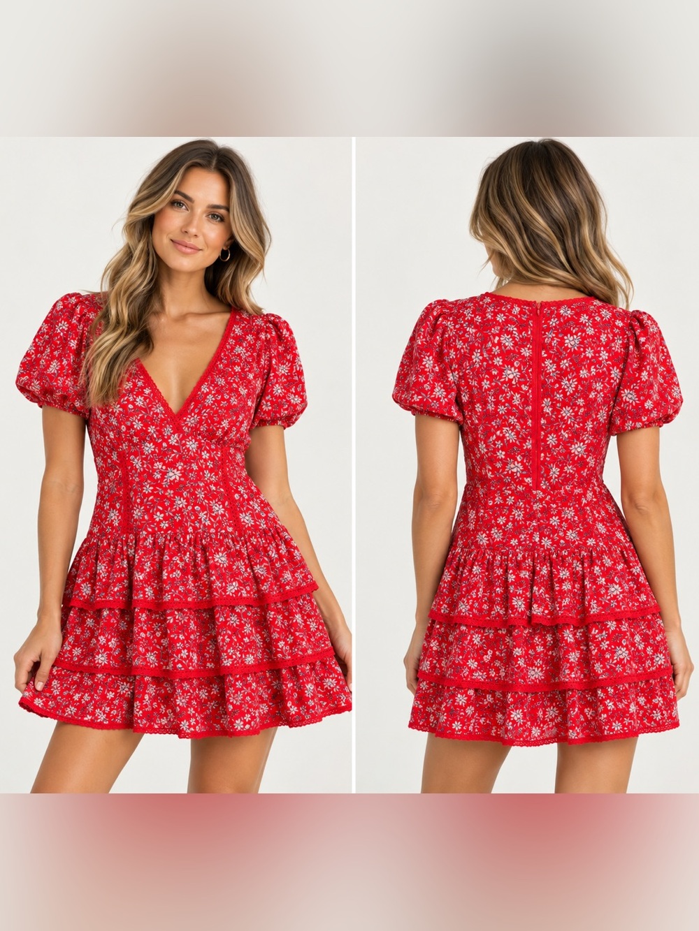 Day + Moon Red Floral Tiered Mini Dress Puff Sleeve Size M